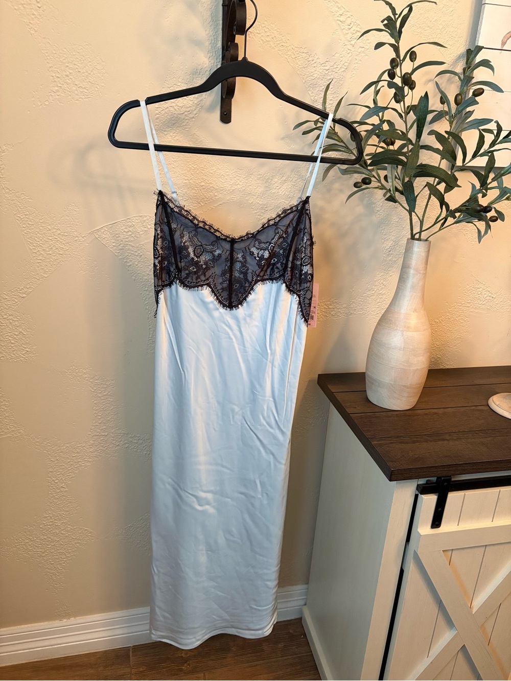 Lace-Trim Satin Slip Dress — Light blue with Black Lace